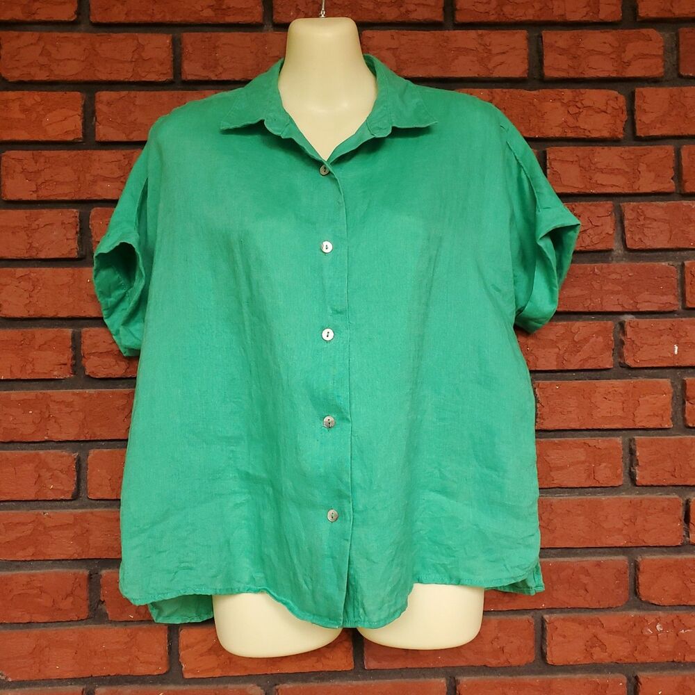 Organic Linen Short Sleeve Button Up Top Sz S Kelly Green Lagenlook Boxy Tahari